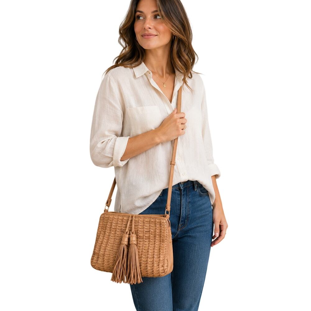 Trims Genuine Leather Woven Crossbody Bag Tan Tassel Boho